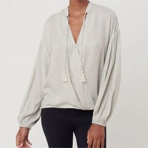 LOFT Lou & Grey Top Size S Small Pickstitch Wrap Chiffy Ivory Black Sleeve Women